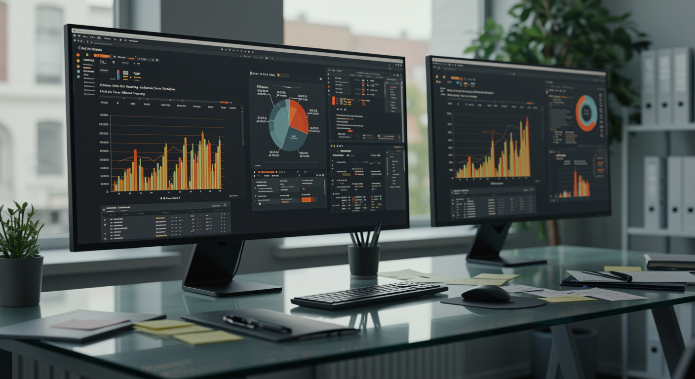 Contemporary office showing digital marketing analytics on screens to illustrate lead generation and pay per click services