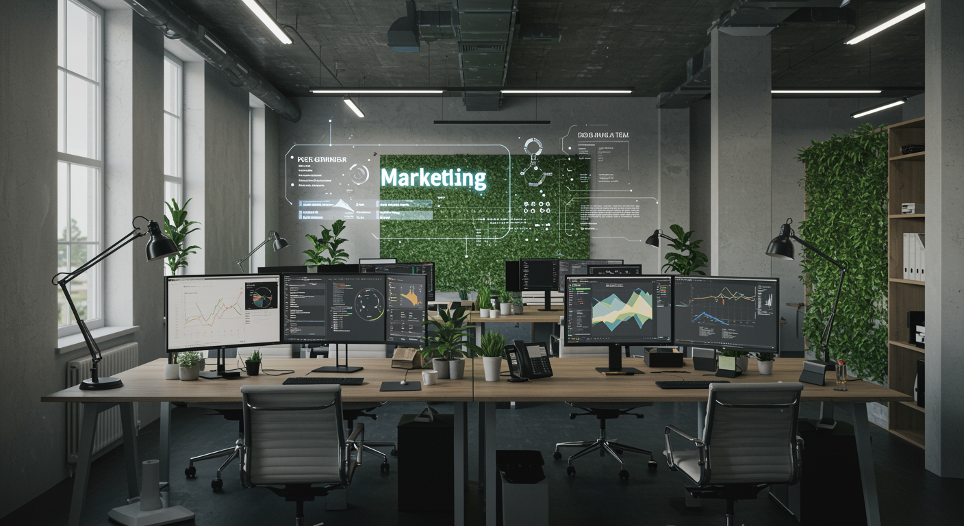 Modern lead generation marketing agency workspace with organized desks and computer screens, illustrating professional digital marketing services