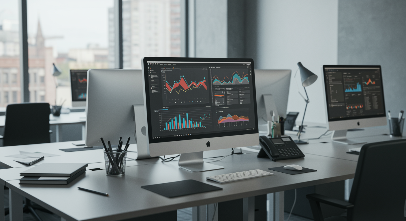 Contemporary office space with digital analytics dashboards representing answer engine optimization services for a lead generation marketing agency