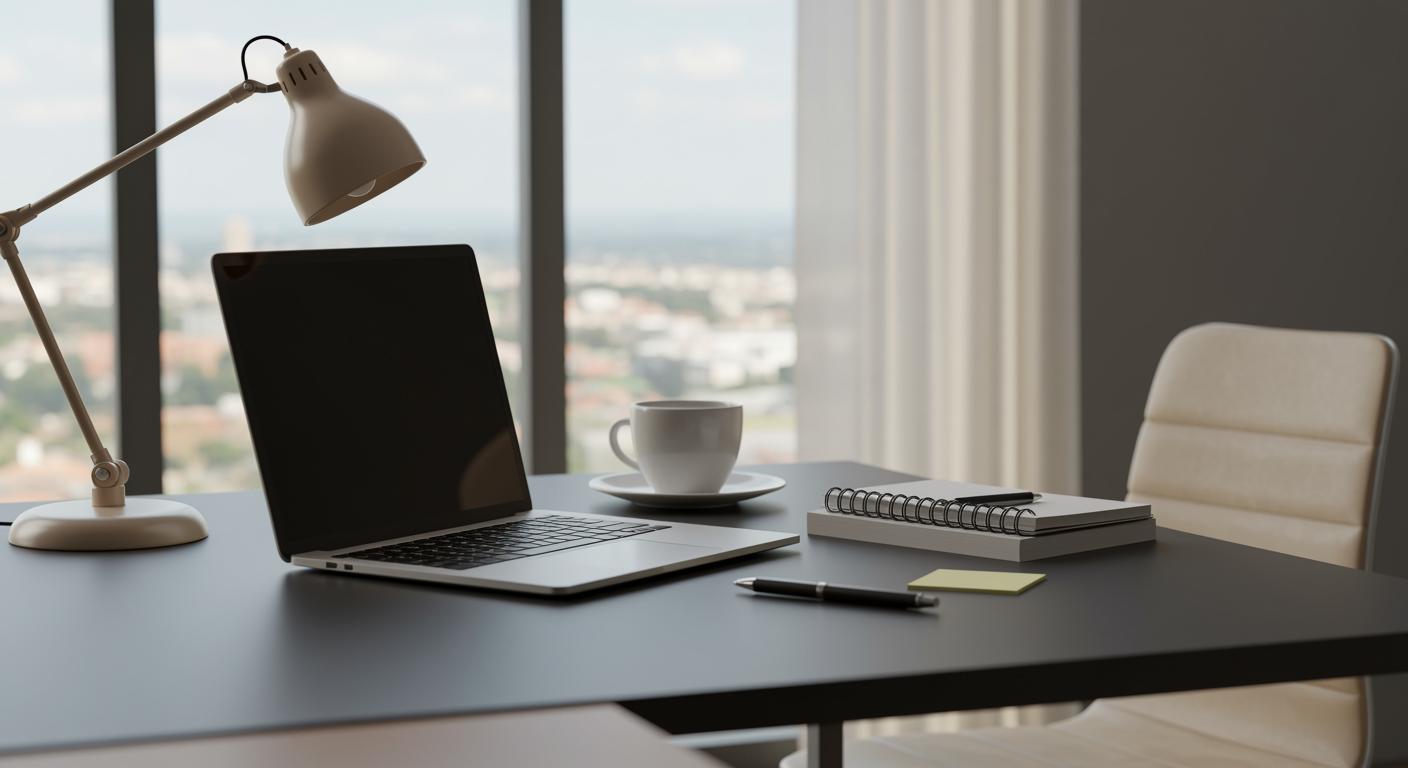 Modern workspace with laptop and notepad representing professional content writing services for a lead generation marketing agency