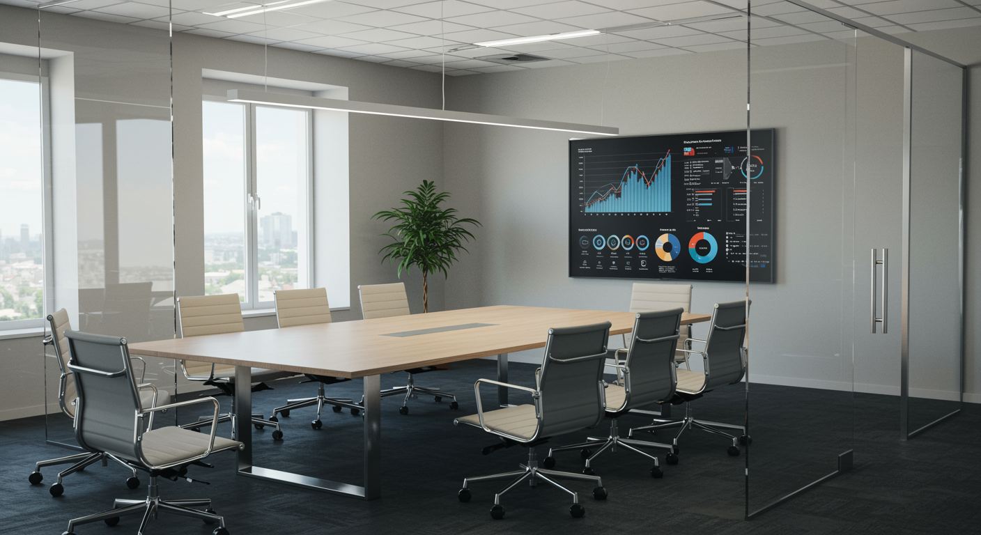Modern meeting room with digital marketing analytics display, representing professional lead generation and Google My Business optimization services