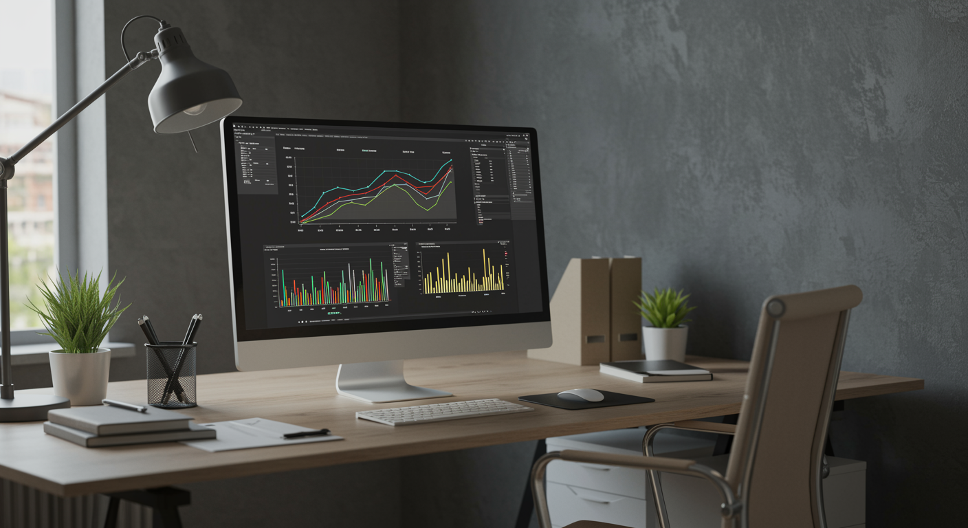 Modern office workspace with computer showing analytics dashboard, representing professional lead generation marketing agency services