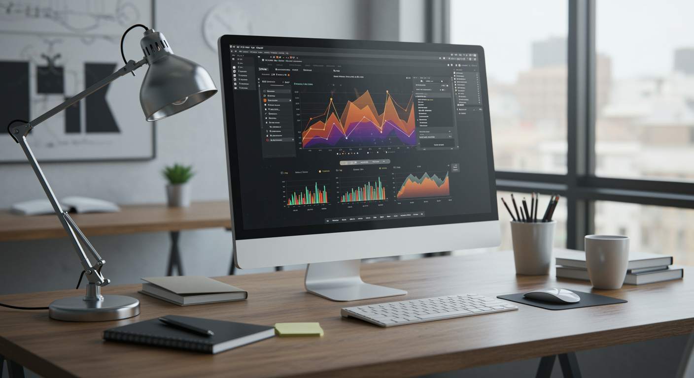 Modern office workspace with computer showing pay per click advertising results for a lead generation marketing agency