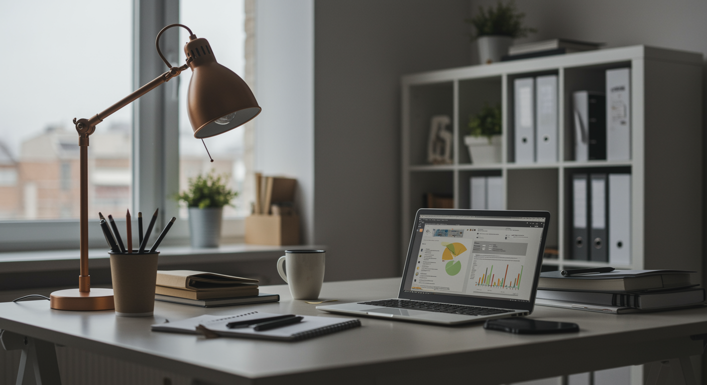 Modern office workspace representing a professional lead generation marketing agency, with an open laptop and organized desk under soft natural lighting