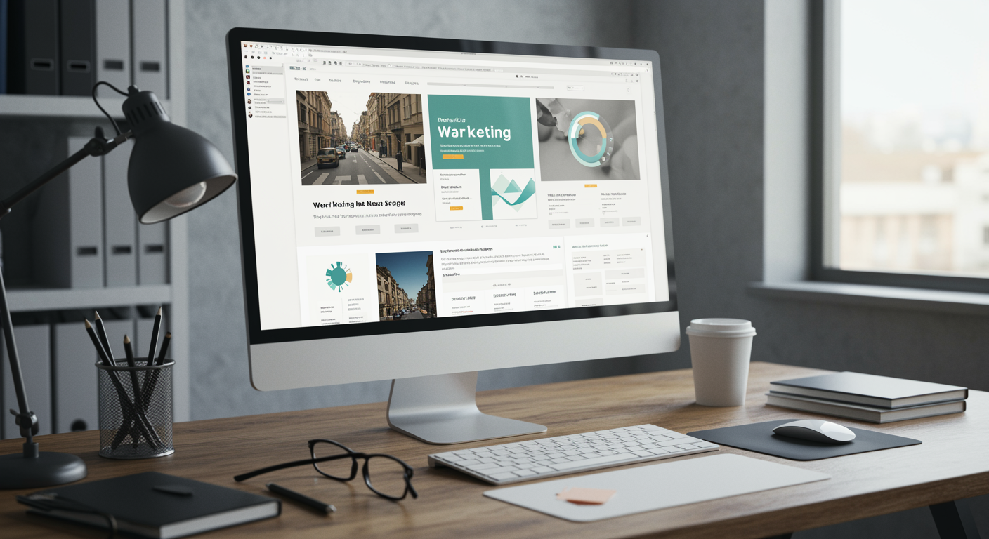 modern lead generation agency office with computer showcasing finished marketing website design, clean workspace, contemporary décor, no people