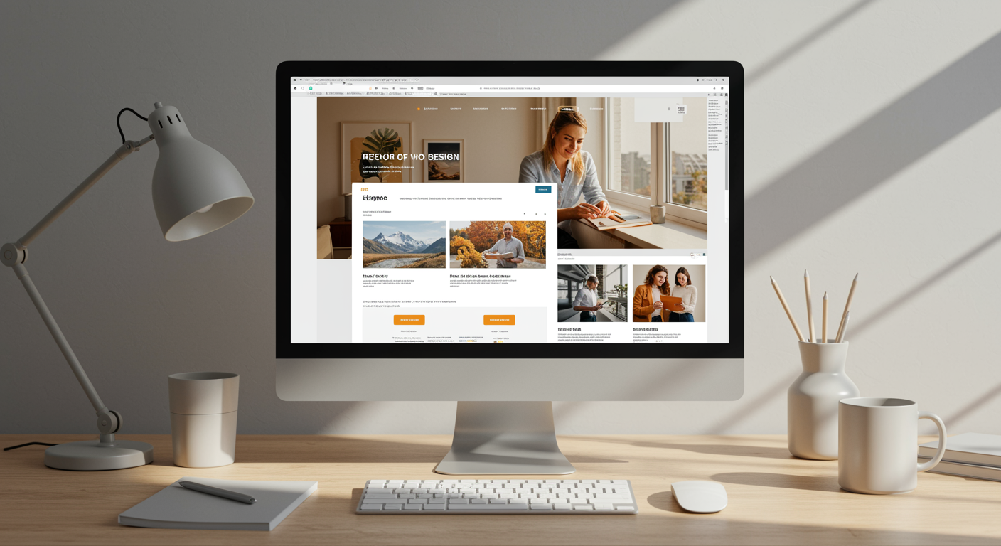 Modern workspace with computer showing web design layout for a lead generation marketing agency
