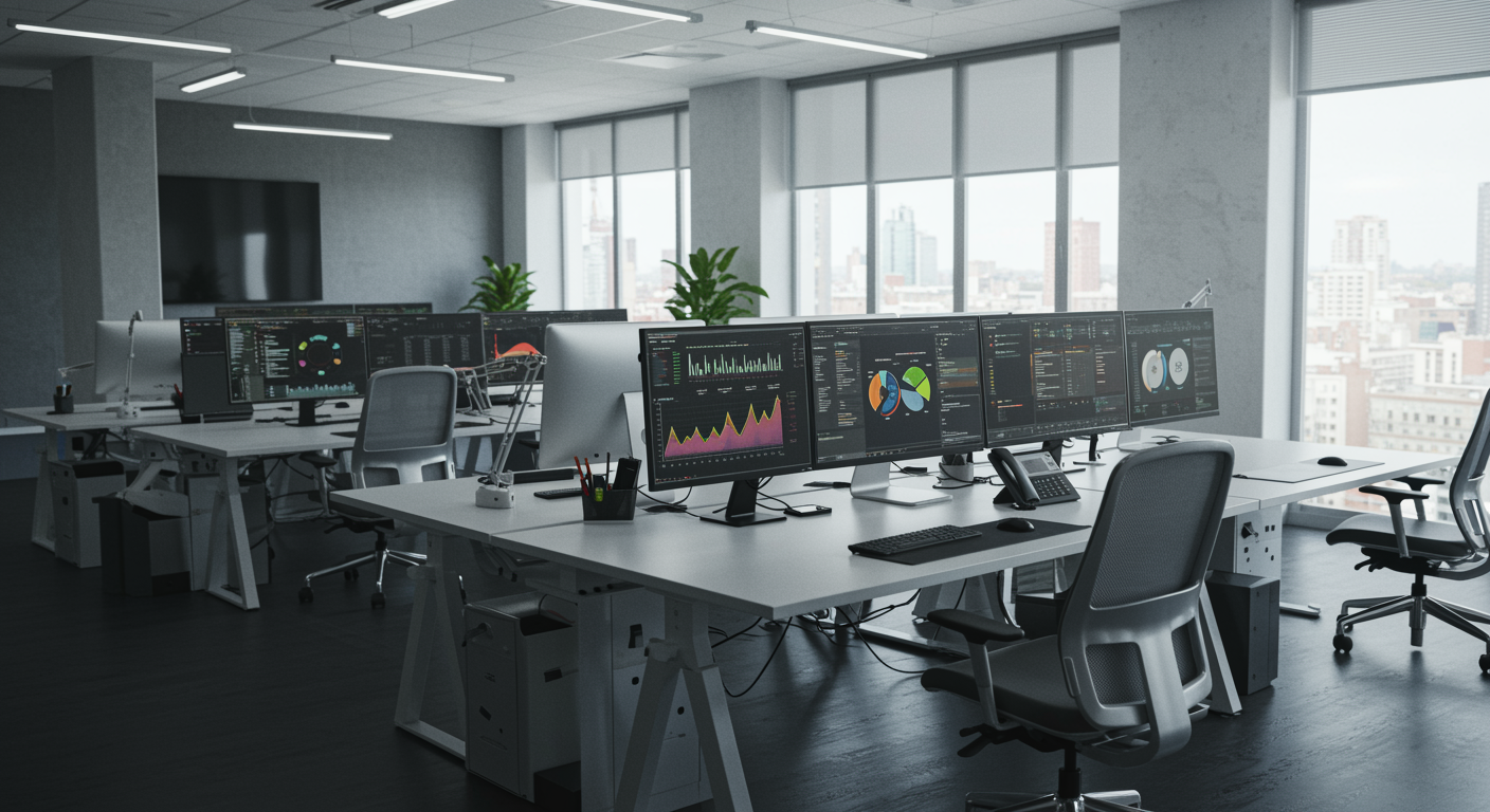 Modern lead generation marketing agency workspace with clean desks, computer monitors showing marketing analytics, and bright natural lighting for answer engine optimization service