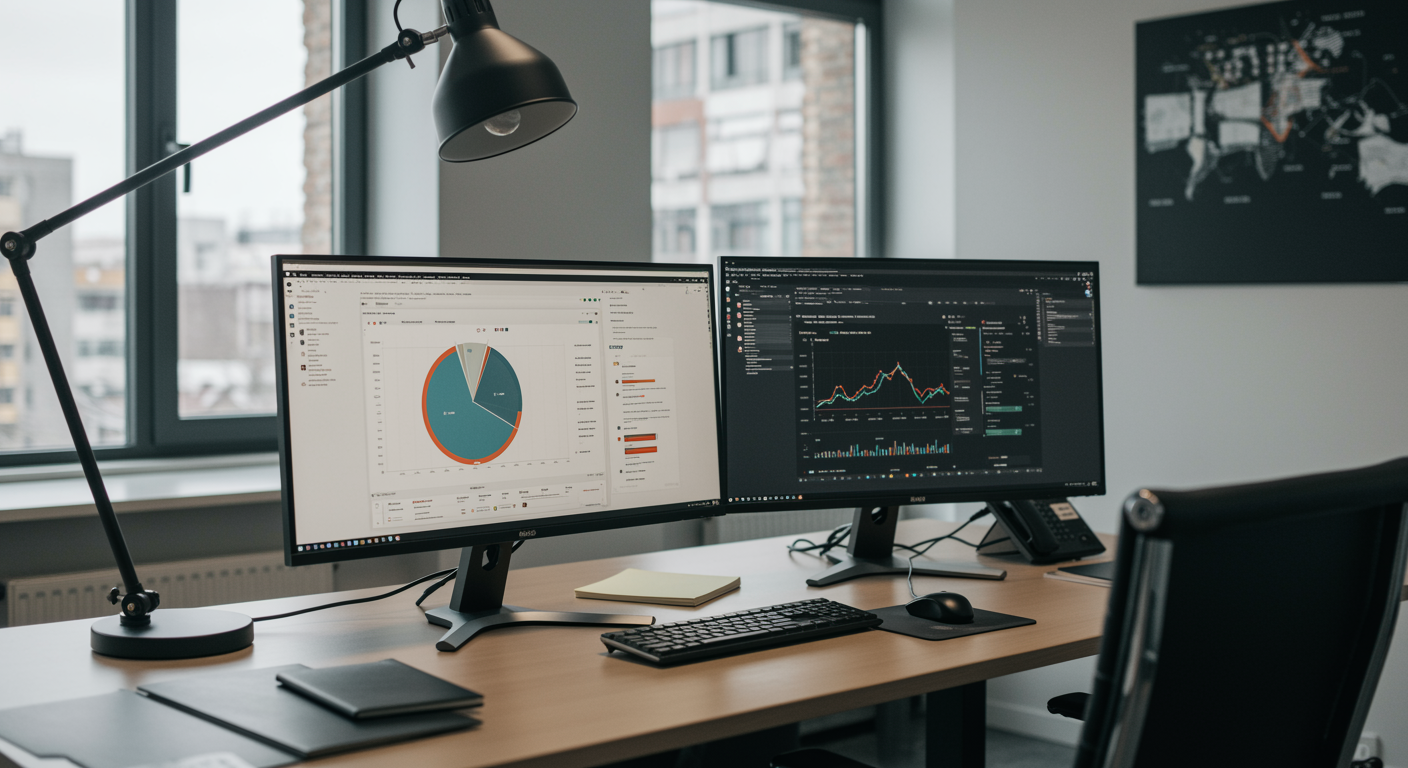 Sleek modern office with computer monitors showing digital marketing analytics and SEO dashboards for a lead generation marketing agency