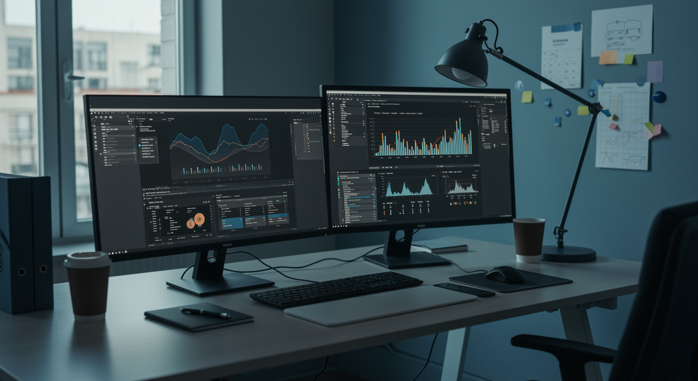 Modern lead generation marketing agency workspace with dual monitors showing analytics and professional decor