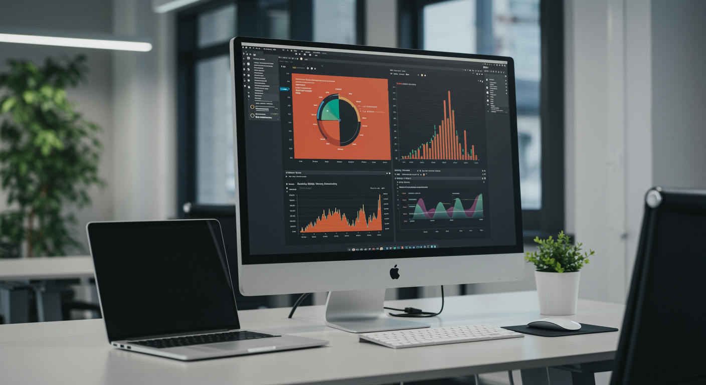 Modern digital marketing agency office with a computer displaying lead generation analytics for window replacement companies, clean workstation, and natural light