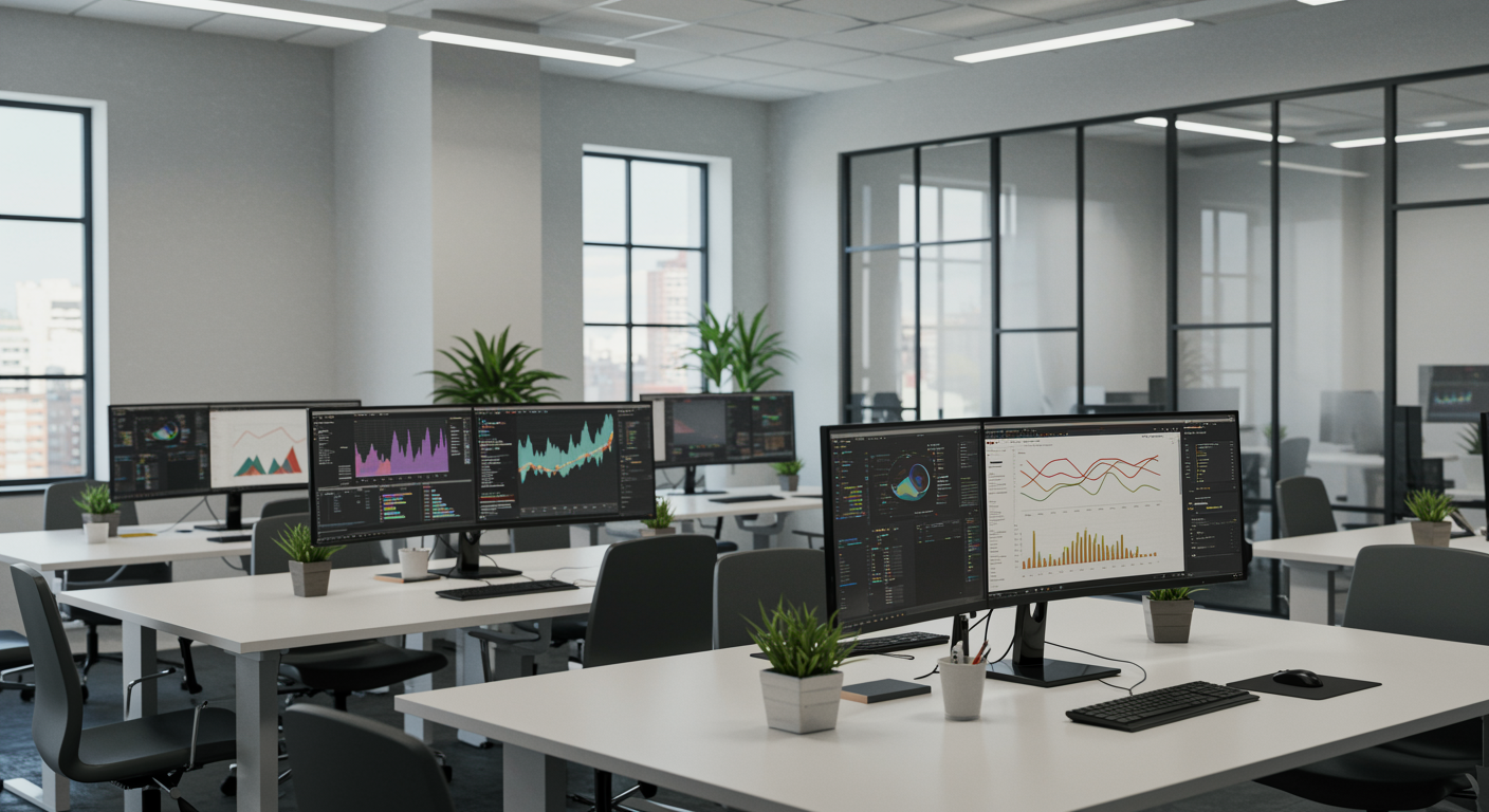 Modern digital marketing office with analytical dashboards on computer screens, showcasing lead generation and SEO agency environment