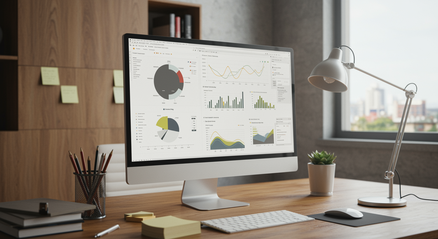 Modern office workspace with computer screen showing professional marketing dashboard for lead generation agency